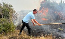 Afyonkarahisar'da dağlık alanda çıkan örtü yangını söndürülmeye çalışılıyor