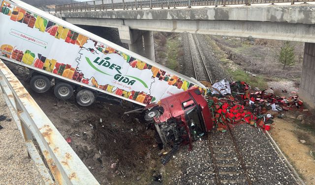 Afyonkarahisar'da tır, tren yoluna devrildi